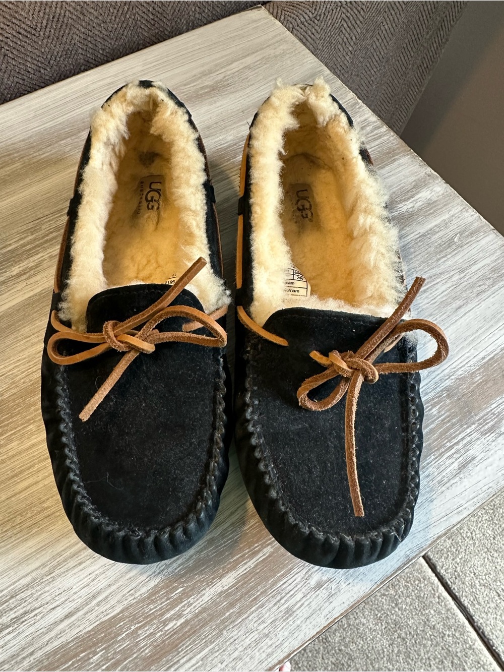 UGG Black and Brown Suede Shearling-Lined Moccasins
